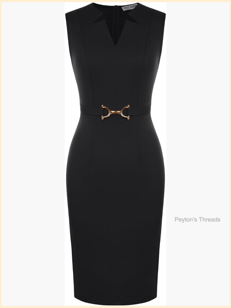 V Neck Sleeveless Pencil Midi Dress With Metal Buckle Work Dress